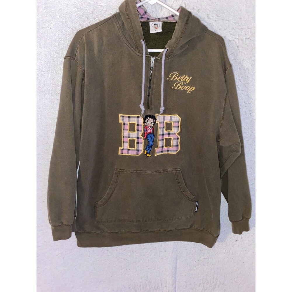 Betty Boop Hoodie Vintage Olive Green Sweatshirt Plaid Lining Women's 2XL 2X